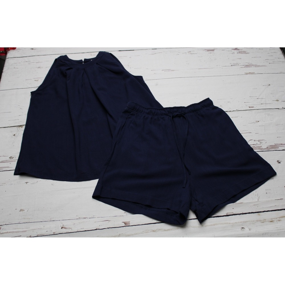 Navy Blue Sleeveless Pleated Top and Drawstring Shorts Two Piece Set Women